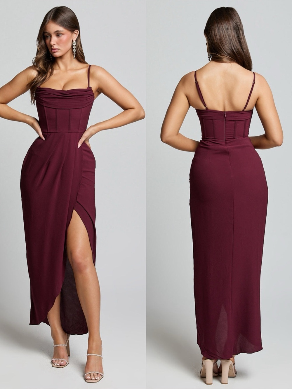 SHOWPO Andrina High Low Wrap Corset Midi Dress In Wine